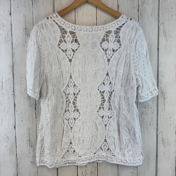 Chico's White Cutwork Top Scoop Neck Short Sleeve Knit Blouse Size 2 14/16 - Picture 9 of 14